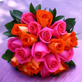 orange red with pink roses