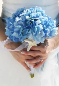 beach wedding bouquet of blue hydrangeas