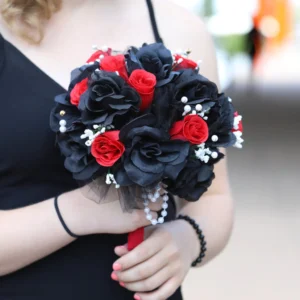 Black and Red Bouquet with White Pearl Accents